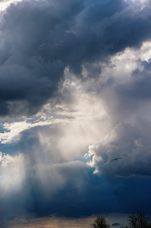 rain and sunrays on a blue sky. Stormy dark clouds. Spring weather.の写真素材