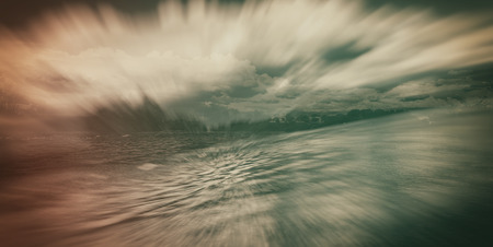 blurred, rural landscape, river and trees. Spring season, evening. Panoramic and web banner. Retro.の写真素材