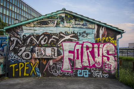 BASEL, SWITZERLAND - JUNE 08, 2017: Impressive art graffiti on the streets of Basel, the facades and corners of the city. The form of urban art.のeditorial素材