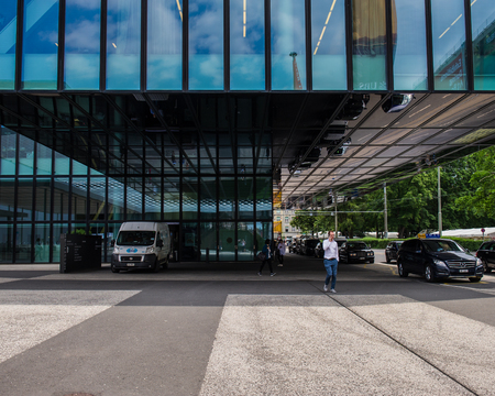 BASEL, SWITZERLAND - JUNE 12 2017: Exhibition Center in Basel Switzerland. An annual art event - Art Bazel. Architecture of the Exhibition Center in Basel Switzerland.のeditorial素材