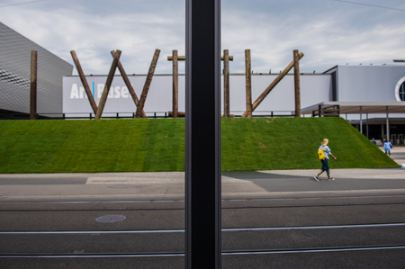 BASEL, SWITZERLAND - JUNE 12 2017: Exhibition Center in Basel Switzerland. An annual art event - Art Bazel. Architecture of the Exhibition Center in Basel Switzerland.のeditorial素材