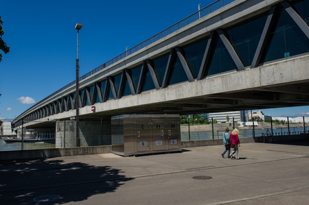 BASEL, SWITZERLAND - JUNE 04  2017: modern bridge across the Rhine River, the city of Basel, Switzerland. Europe.のeditorial素材