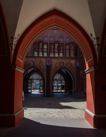 BASEL, SWITZERLAND - JUNE 04  2017: Swiss city Basel in the summer. Architecture. of 14th century town hall, the Rathaus.  The seat of the government of the Canton of Basel-City and at the same time functions as the city council. Europe.のeditorial素材