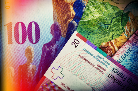Swiss bank notes are one hundred, ten, twenty francs. Cash.の写真素材