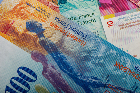 Swiss banknote of one hundred francs is cash. A new paper bill.の写真素材