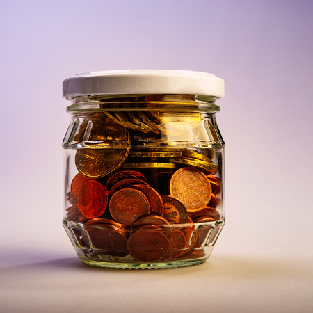 Closed Glass Bank with Coins. Promotion, Marketing, SMM, CEO, Business.の写真素材