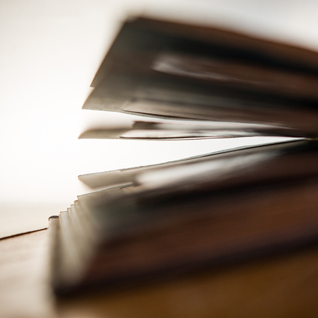 Pages of an open old photo album on a light blurred background.