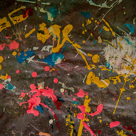 traces of oil paint on an old wooden floor. Abandoned village house, summer season.の写真素材