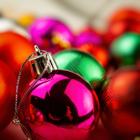 Many festive multicolored decorative balls. MERRY CHRISTMAS.の写真素材