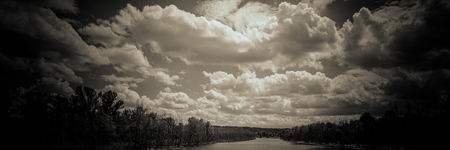 River and forest, countryside. Autumn season. Banner for design. Ukraine. Europe.の写真素材