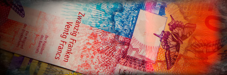 Swiss new banknotes. National currency. Europe. Web banner.