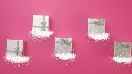 Christmas Festive Background. Silver Gift Boxes and Snow on a Pink Background. Web Banner.