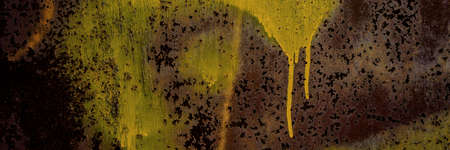 surface of an old rusty metal sheet with traces of spilled yellow paint. Web banner.