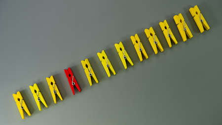One red clothespin and many yellow clothespins on a gray background. Business concept. Web banner.