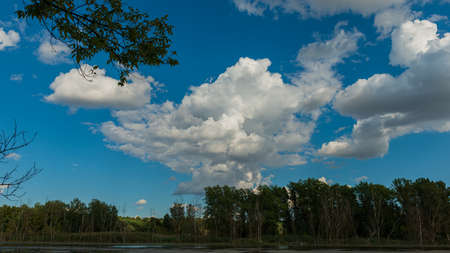 river, forest and clouds, panoramic landscape. Summer season, June. Web banner. Ukraine. Europe.