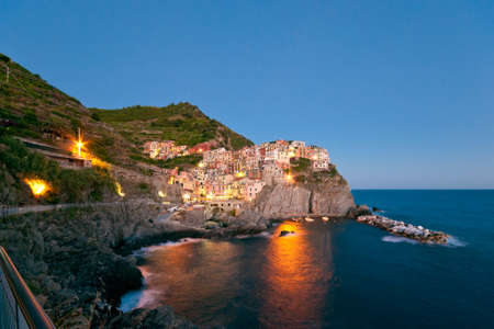 Small Town Manarola (Cinque Terre, Italy) after the sunsetの写真素材