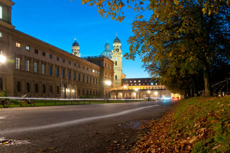 View at the small street near the park at nightの写真素材