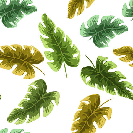 Natural seamless pattern with green tropical leaves or scattered exotic foliage of jungle plants on white background. Hawaiian backdrop. Colored botanical vector illustration for wrapping paper.のイラスト素材
