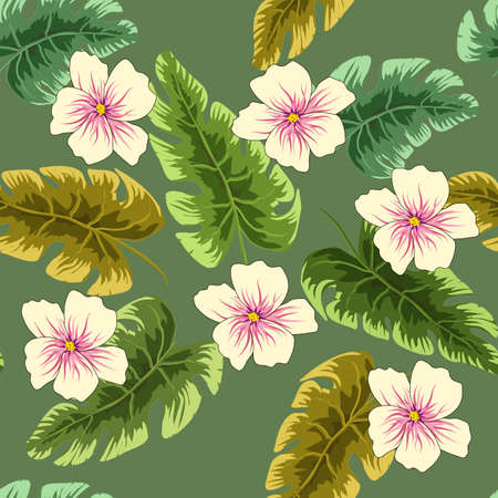 Tropical leaves and flowers in the night style for men's prints. Seamless vector jungle wallpaper patternのイラスト素材
