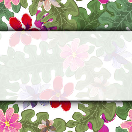 Summer tropical background with palm leaves. Exotic wallpaper, card, poster, placard, frame.のイラスト素材