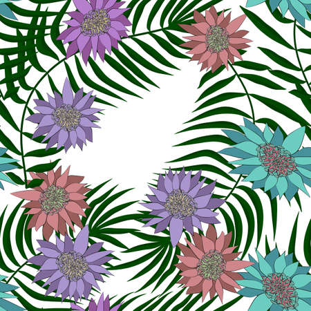 Exotic seamless pattern with tropical flowers and leaves. Banana leaves and flower. Floral background with exotic leaves and flowersのイラスト素材
