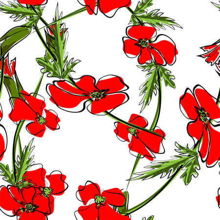 Seamless pattern with red poppy flowers and buds on whiteのイラスト素材