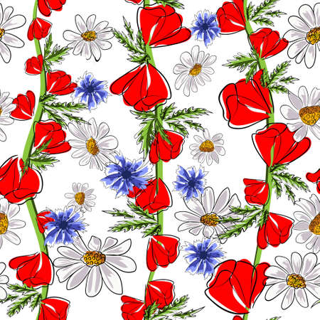 Red poppies and daisies. Seamless pattern. Vector illustrationのイラスト素材
