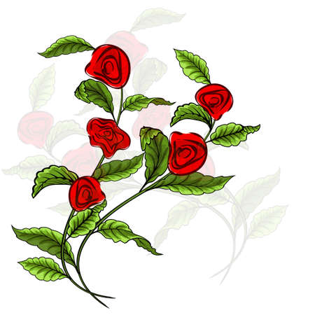A branch with leaves and red roses on a white backgroundのイラスト素材