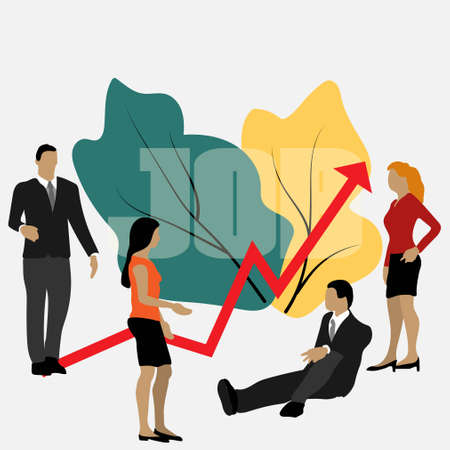 Vector business illustration, leadership qualities in a creative team, direction to a successful path, overcoming obstacles on the way to success, high level of workのイラスト素材