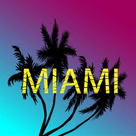 Tropical coconut palm trees.Vector colored illustration isolated on pink background. Template,...