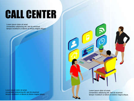 Call center. Flat illustration. Office business concept. 3d isometric vector. Communication, connection concept. Call icon symbol vectorのイラスト素材