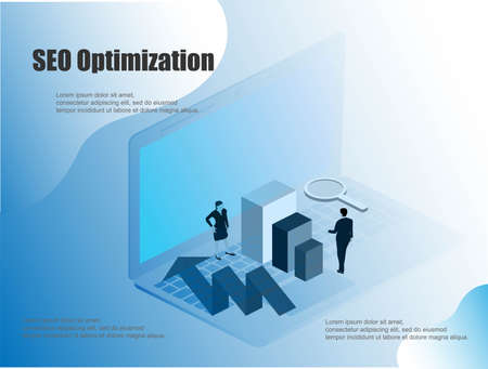 Flat illustration with isometric. Computer monitor icon vector illustration. Concept seo business vector illustration. Isometric people vector.のイラスト素材