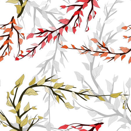 Seamless pattern on colorful backdrop. Line art branches with autumn leaves for decorative design....