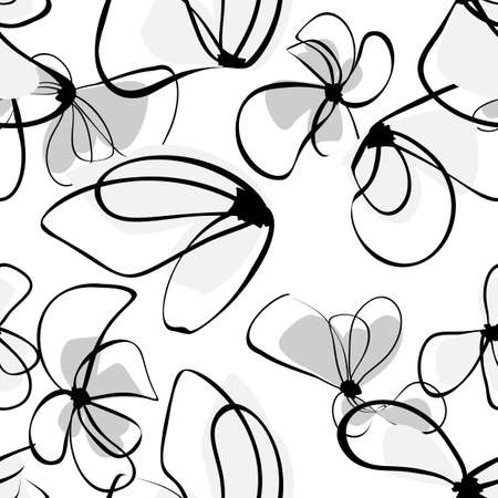 Black flowers monochrome in beautiful style on white background. Seamless floral background. Monochrome vector illustration. Vector seamless textureのイラスト素材