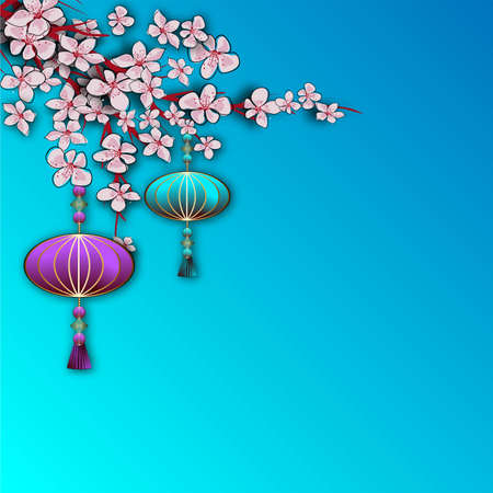 Chinese sakura for concept design. Cherry blossom. Beautiful design template for decoration. Spring pattern. Blue background.のイラスト素材