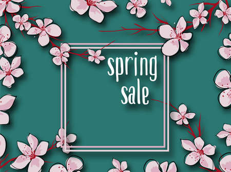 Japanese template with colorful sale for marketing design. Spring blossom background. Marketing business concept. Shopping, offer, discount background. Special offer.のイラスト素材