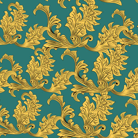 Vintage vector ornament template. Yellow victorian pattern in beautiful style on green background. Seamless fabric texture print.のイラスト素材