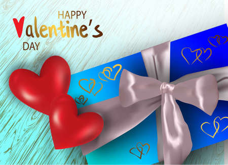Happy valentines day. Valentine couple. Realistic red heart in a metal frame. Realistic satin bow gift box. Greeting card, gift poster, holiday banner. website for headerのイラスト素材