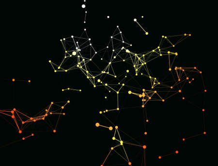 Trendy line art icon with red and yellow dots and line dots on dark background. Decorative backdrop....