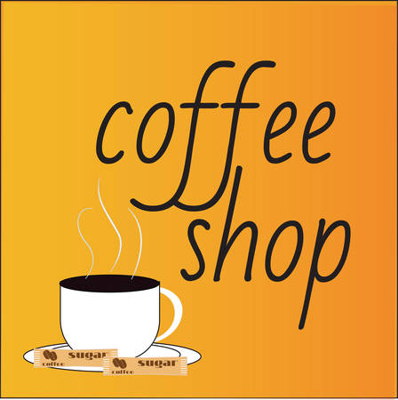 White cup with hot coffee. Over orange background