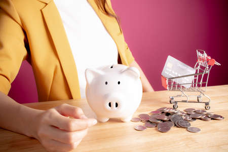 Close up. Young woman with white piggybank,coins & shopping cart or trolley. collecting points a credit card. Concept of saving money shopping in the store or online. E-commerce, Copy space.の写真素材