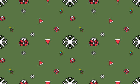Cute Christmas Illustration and Seamless Pattern. Santa Claus, Christmas tree, snow. on green...