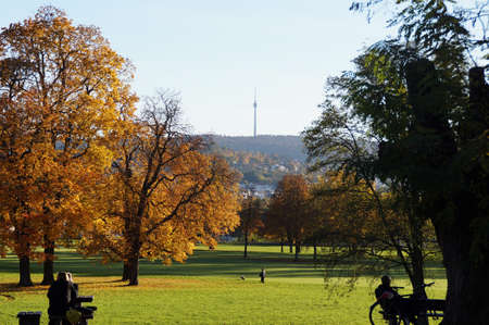 A large park in the style of an English garden unfolds before the viewer. Left and right on the screen where walkers and cyclists resting in the warm autumn sun. The view extends to the TV Tower, the landmark of the city of Stuttgart.の写真素材