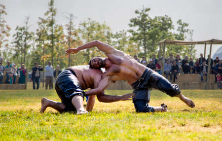 Istanbul- Turkey - May / 13/2018: Turkish National sports conducted on the Lawn oil wrestlingのeditorial素材