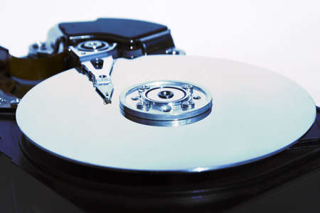Close-up of the opened hard disc drive.\rHarddisc drive technonology