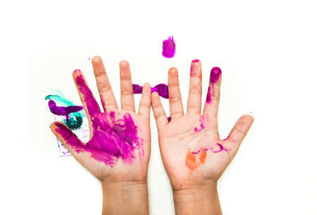 Two hands stained after painting.It's like having a bird on your thumb.の写真素材