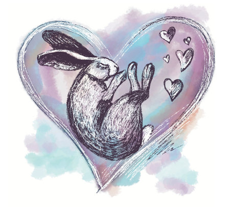 The rabbit sleeps in a big heart in soft colors, next to small hearts. A fantasy composition. Digital illustration, isolated on a white background.の写真素材