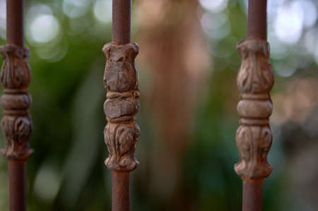 detail of the central ornaments of an old rusty fence against a background of green palm treesの写真素材
