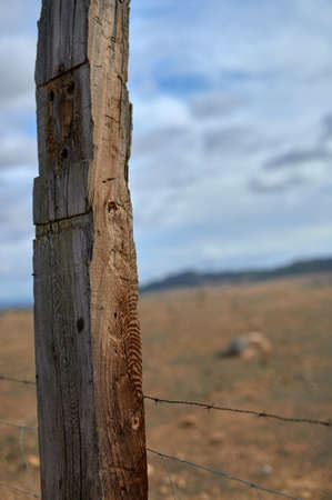 detail of a part of a wooden fence very deteriorated by the weather fencing a farm with wild cattle...