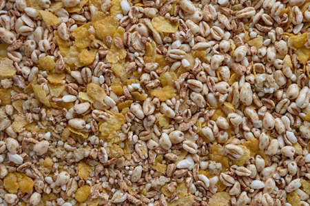 detail of a set of various breakfast cereals, muesli, wheat, rice, etc.